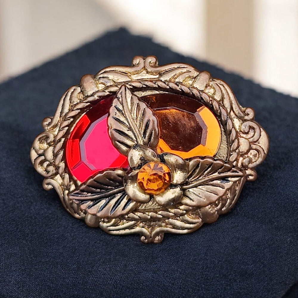 Antique Gold and Red Floral Brooch